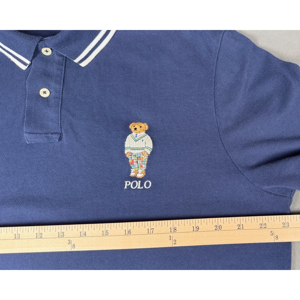 Polo Ralph Lauren Polo Shirt Mens L Blue Cricket Bear Tipped Collar Classic Fit - Picture 8 of 9